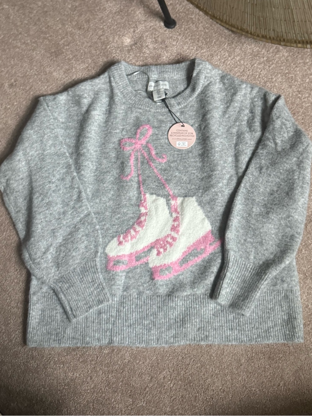 Sincerely Jules Gray Sweater with Pink Ice Skate Motif